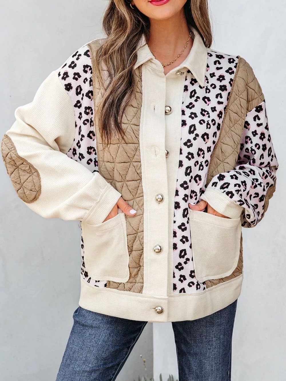 Charming Charlie Quilted Patchwork Leopard Jacket in Cream & Tan